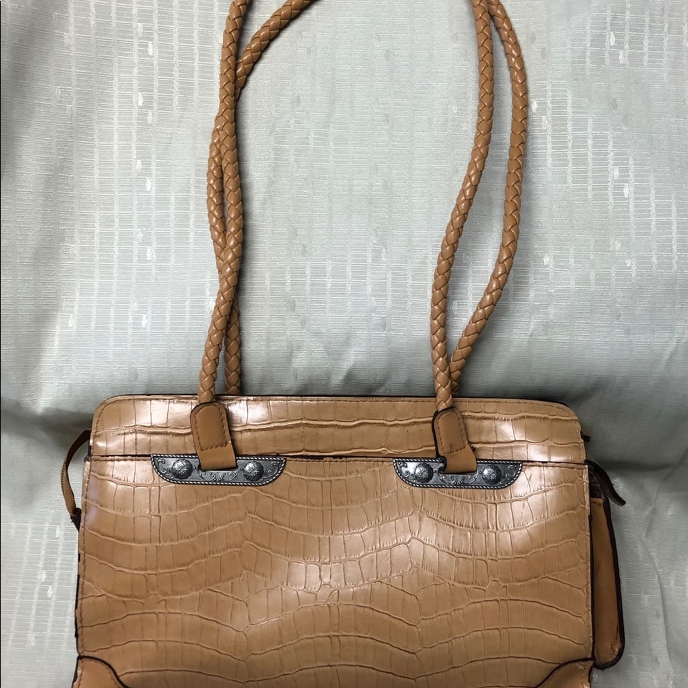 Leather Faux Croc Shoulder Bag Tan Braided Straps